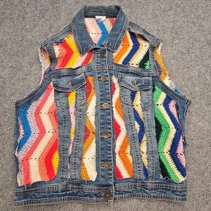 The Morgan Factory Denim Vest Womens M Multi Color Crochet Boho Retro Y2K ZigZag